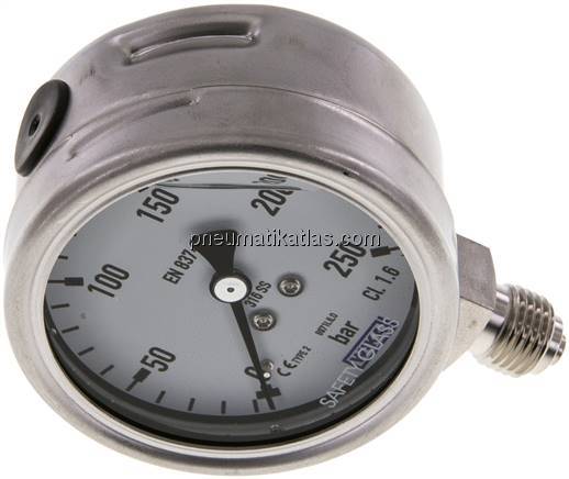 Chemie-Glycerin-Manometer senkrecht, 63mm, 0 - 250 bar