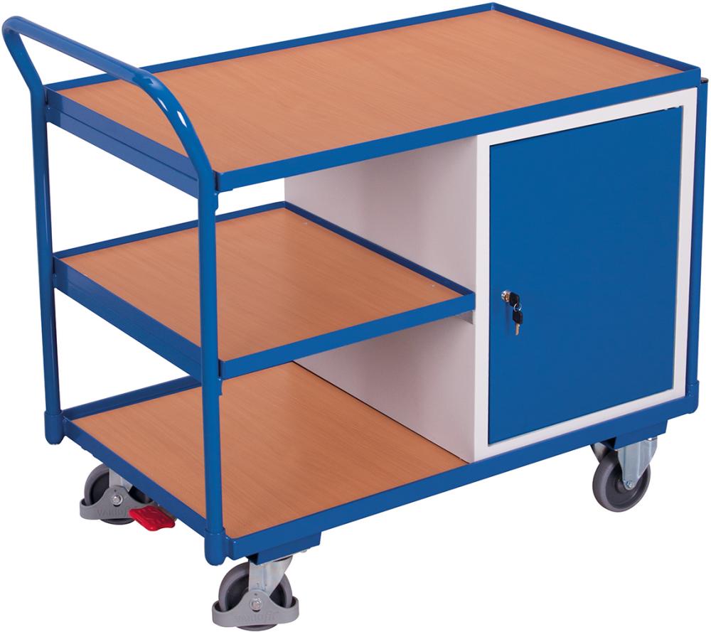 Tischwagen 250kg B1125xT625xH1010mm RAL 7035/5010 1 Schrank,3 Ladeflächen