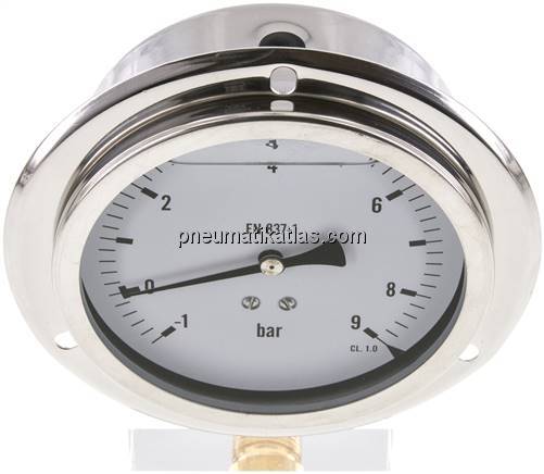 Glycerin-Einbaumanometer,Frontring, 100mm, -1 bis 9 bar