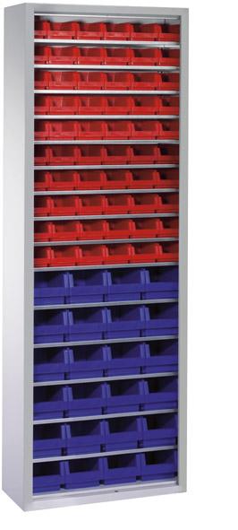 Lager-Regalschrank B700xT300xH1980 mm RAL 7035 ohne Türen 15 Fachböden, 84 Kästen