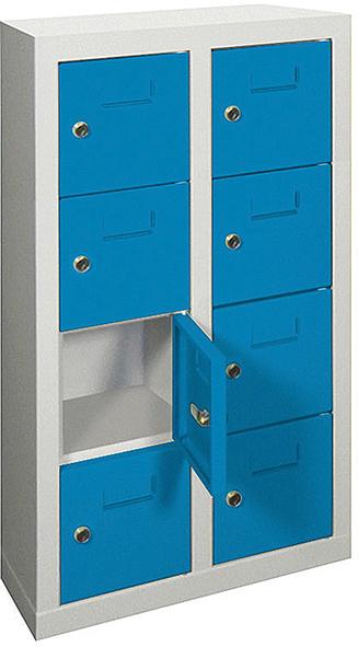 Kleinfach-Wandschrank H815xB460xT200 mm 2x4 Fächer RAL7035/5012 Türen mit Etikettenrahmen