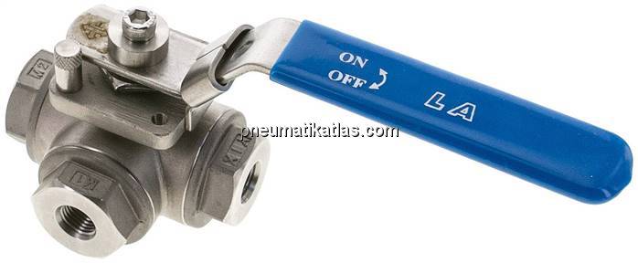 3-Wege Kugelhahn, Edelstahl, T-Bohrung, G 1/4", 0 - 63bar