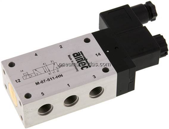 5/2-Wege Magnetventil, G 1/4", Feder, 12 V DC, Standard