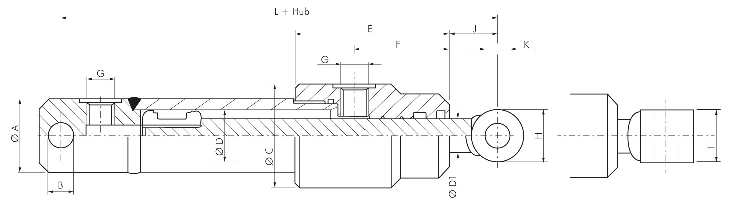 Zeichnung: Industrie-Hydraulikzylinder mit Gelenkk