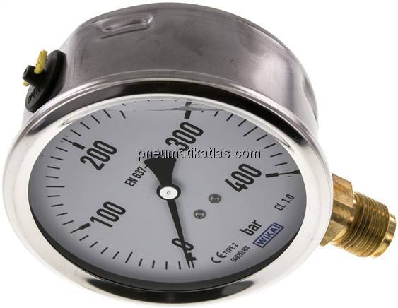 Glycerin-Manometer senkrecht (CrNi/Ms),100mm, 0 - 400 bar
