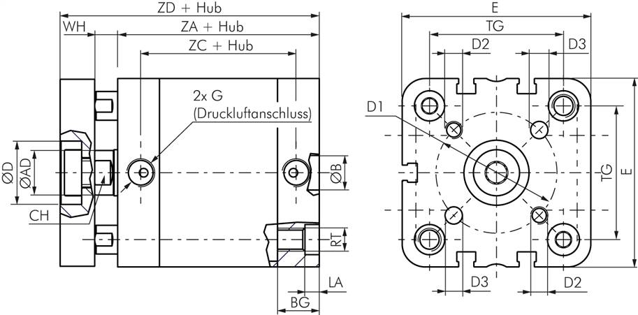 Zeichnung: Kompaktzylinder ISO 21287, verdrehgesic