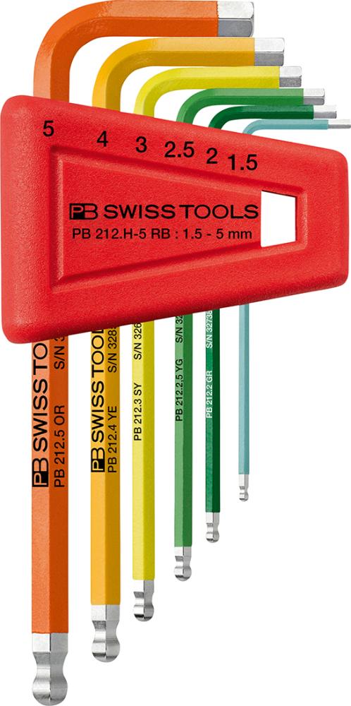 Winkelschraubendreher- Satz im Kunststoffhalter 6-teilig 1,5-5mm Rainbow Kugelkopf PB Swiss Tools