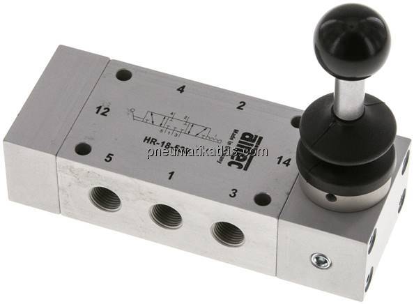 5/3-Wege Handhebelventil, Mittelstellung geschlossen, Raste, G 1/8"