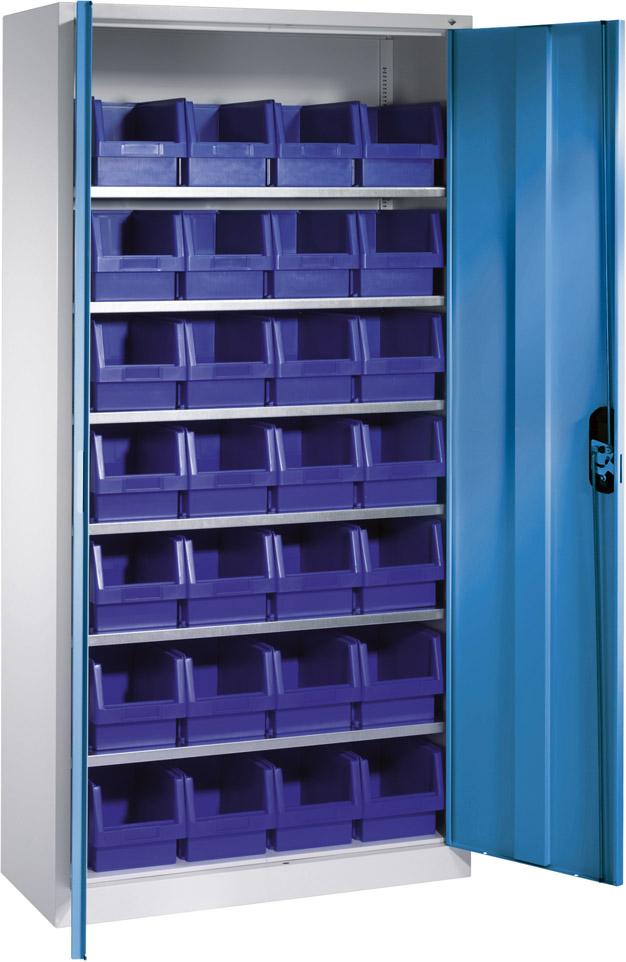 Lager-Regalschrank B1000xT300xH1980 mm RAL 7035/5012 mit Türen 6 Fachböden, 28 Kästen CP