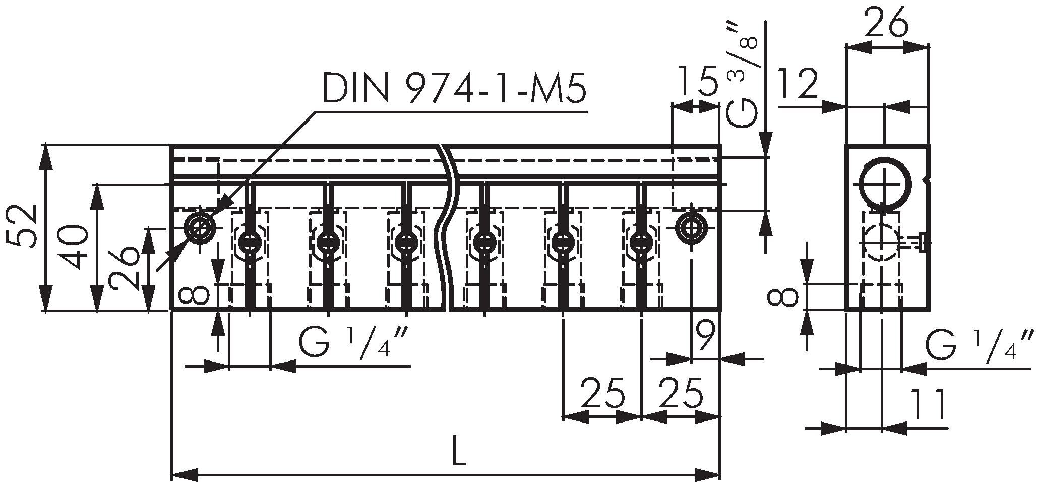 Zeichnung: Verteilerleiste einseitig mit integrier