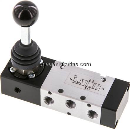 5/3-Wege Handhebelventil, G 1/8", Mittelstellung entlüftet, Raste