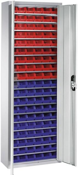 Lager-Regalschrank B700xT300xH1980 mm RAL 7035 mit Türen 18 Fachböden, 114 Kästen