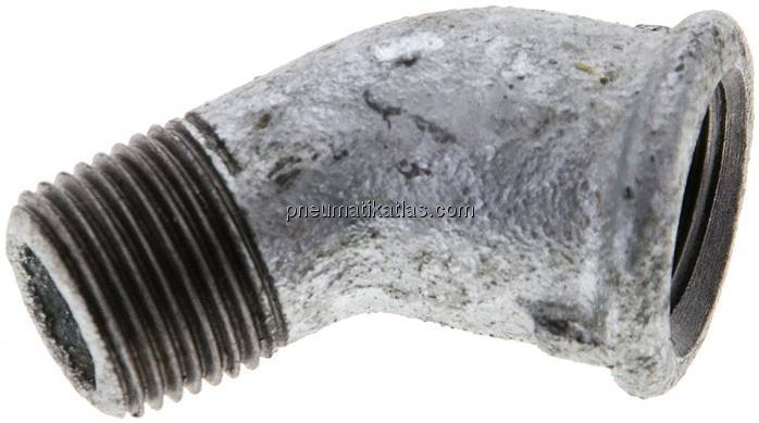 45°-Einschraubwinkel Rp 3/8"(IG)-R 3/8"(AG), Temperguss verzinkt