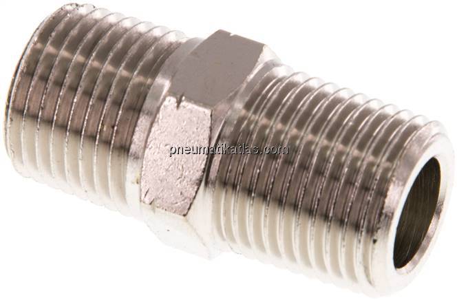 Doppelnippel R 1/2"-NPT 1/2", Messing vernickelt