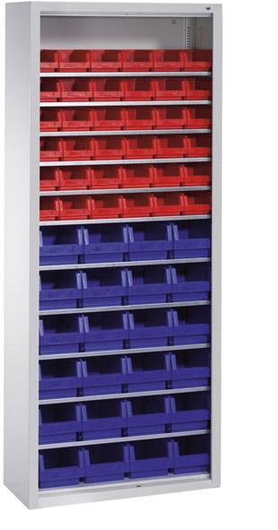 Lager-Regalschrank B700xT300xH1690 mm RAL 7035 ohne Türen 11 Fachböden, 60 Kästen