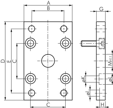 Zeichnung: Flanschbefestigung (vorn oder hinten) f