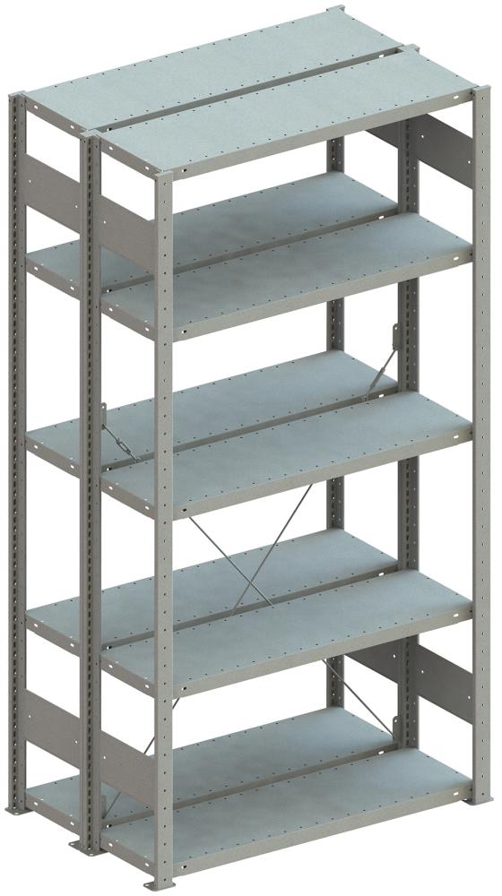 Doppel-Steckregal CLIP B1000xT2x800xH2500 mm Grundfeld 2x6 Böden RAL7035 Fachlast 230kg