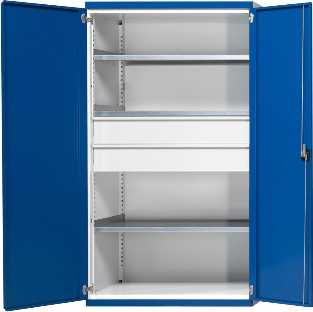 Schwerlastschrank B1085xT690xH1950mm RAL7035/5010 o.Mittelwand3Böden,2Schubladen 200kg