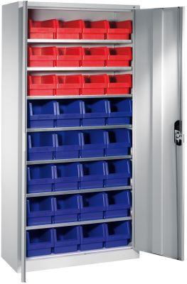 Lager-Regalschrank B1000xT300xH1980 mm RAL 7035 mit Türen 7 Fachböden, 32 Kästen CP