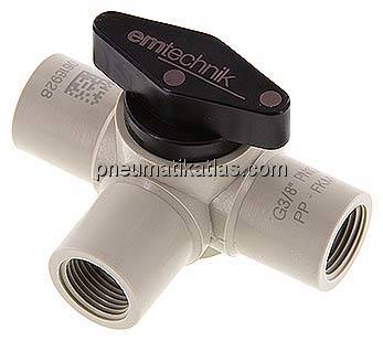 3-Wege Kugelhahn, Polypropylen, G 3/8", PN 10, L-Bohrung (horizontal)