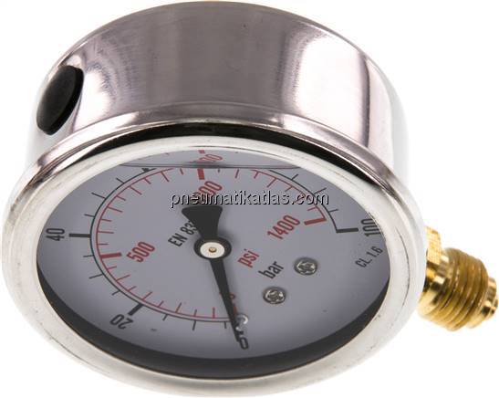 Glycerin-Manometer senkrecht (CrNi/Ms), 63mm, 0 - 100 bar