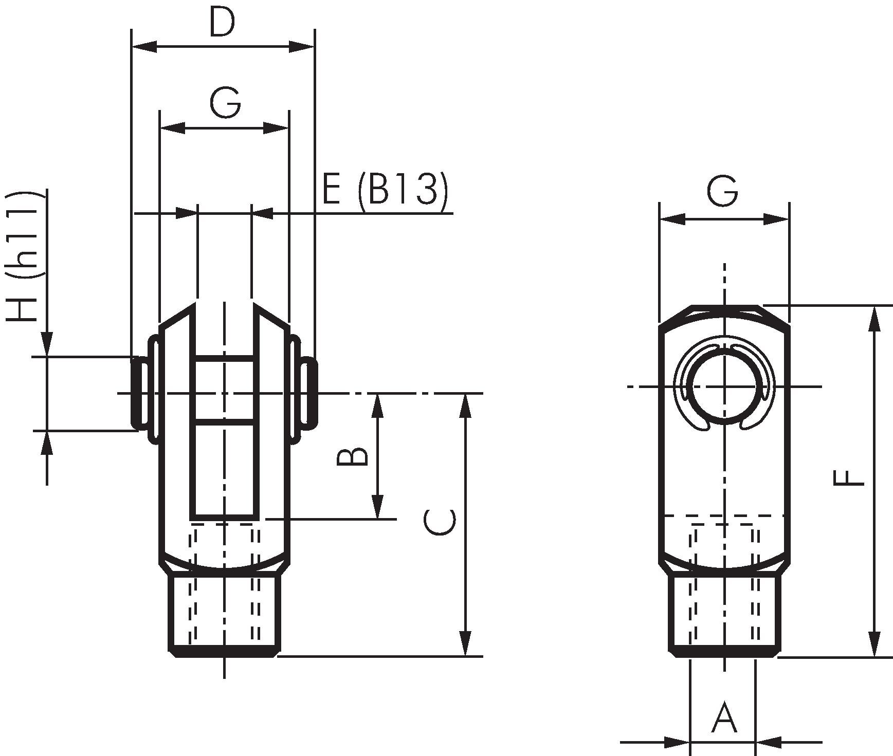 Zeichnung: Gabelkopf mit Bolzen für Rundzylinder I
