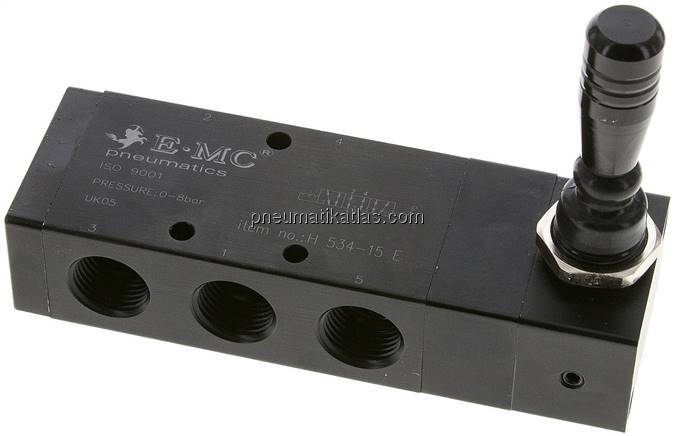 5/3-Wege Handhebelventil, G 1/2", Mittelstellung entlüftet, Raste