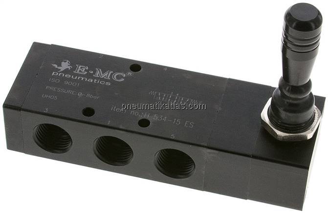 5/3-Wege Handhebelventil, G 1/2", Mittelstellung entlüftet, Federrückstellung