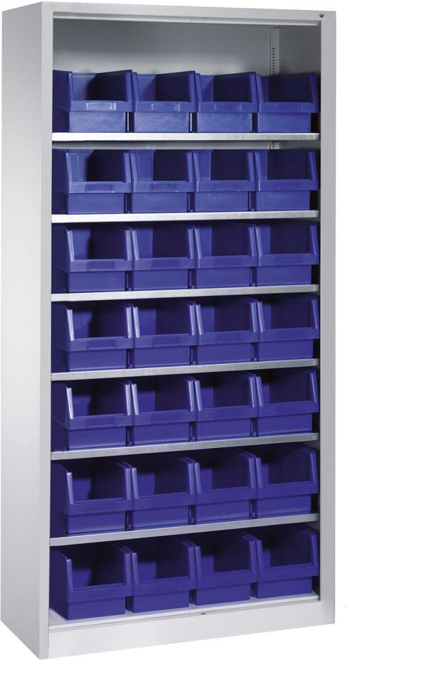 Lager-Regalschrank B1000xT300xH1980 mm RAL 7035 ohne Türen 6 Fachböden, 28 Kästen CP