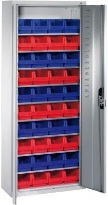 Lager-Regalschrank B700xT300xH1690 mm RAL 7035 mit Türen 9 Fachböden, 40 Kästen CP