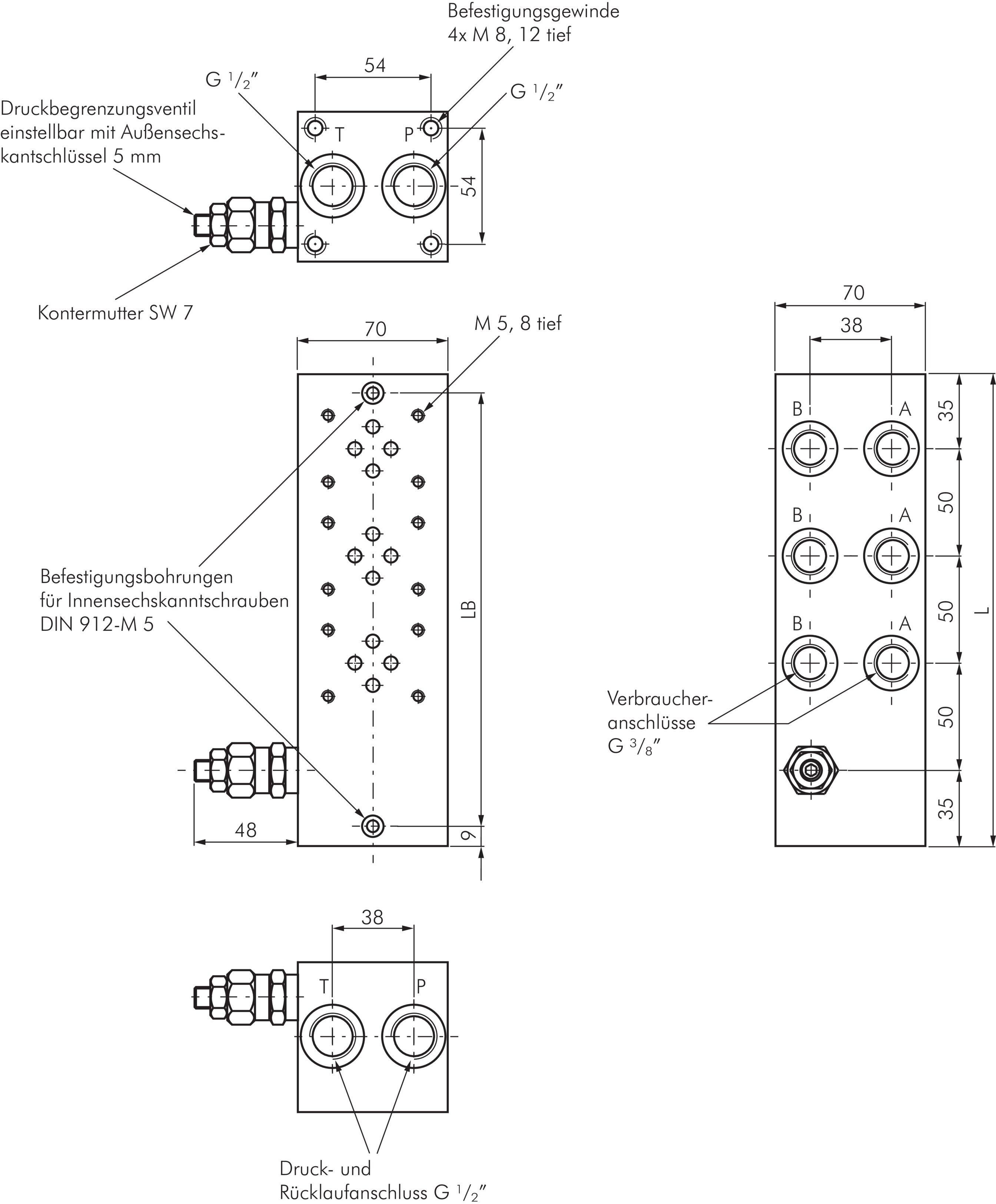 Zeichnung: NG 6 Anschlussplatte mit Druckbegrenzun