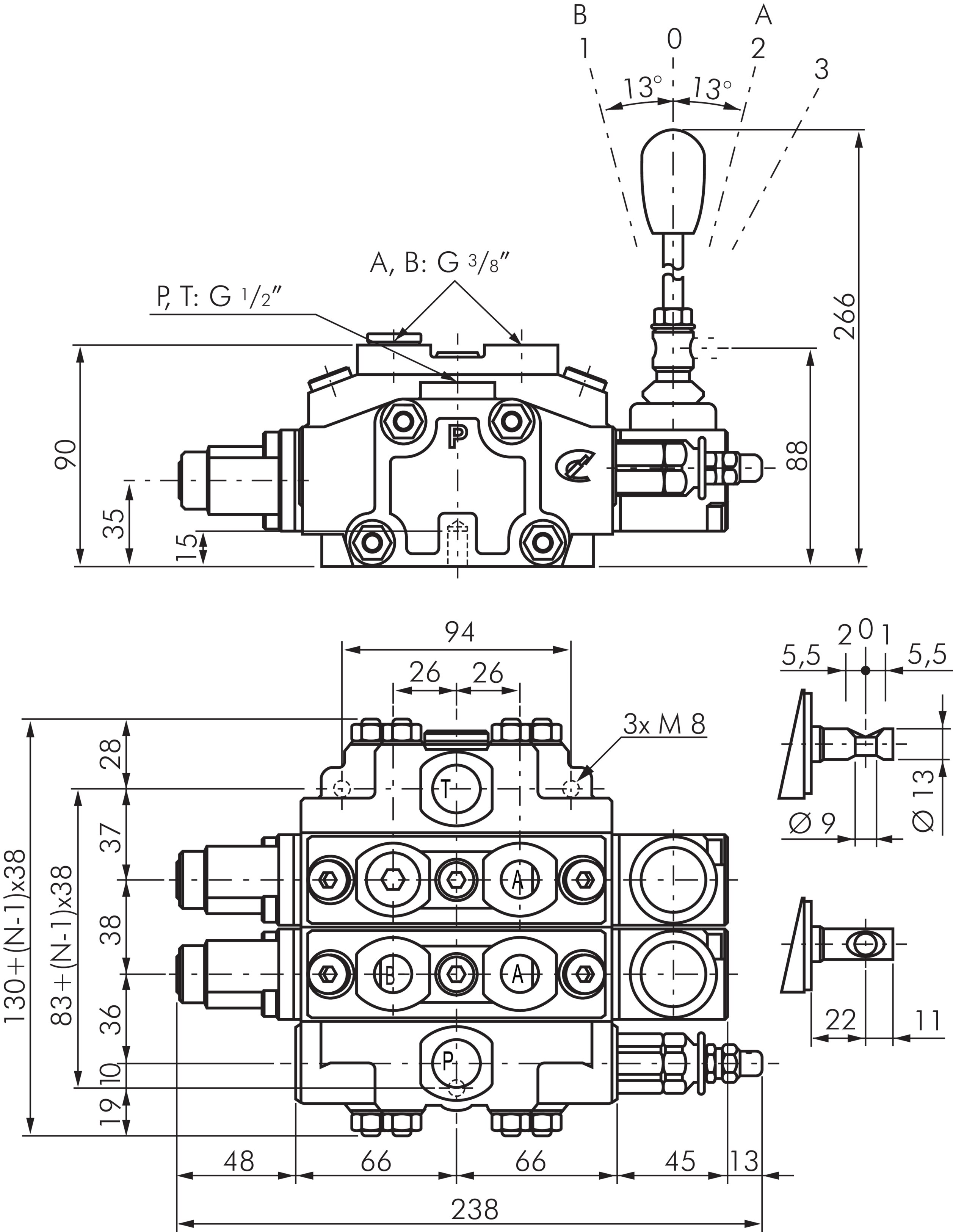 Zeichnung: Moldulares Hydraulik-Handhebelventil mi