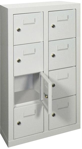 Kleinfach-Wandschrank H815xB460xT200 mm 2x4 Fächer RAL7035 Türen mit Etikettenrahmen