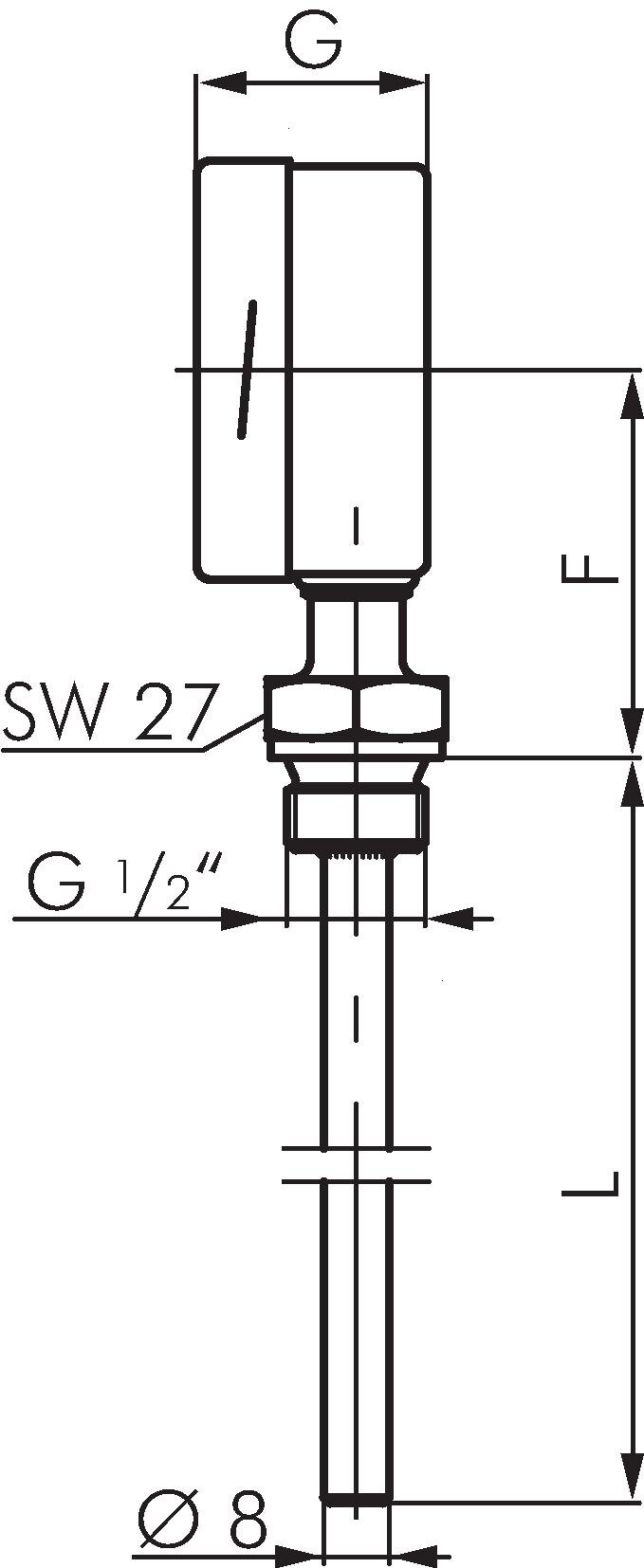 Zeichnung: Bimetallthermometer senkrecht ohne Schu