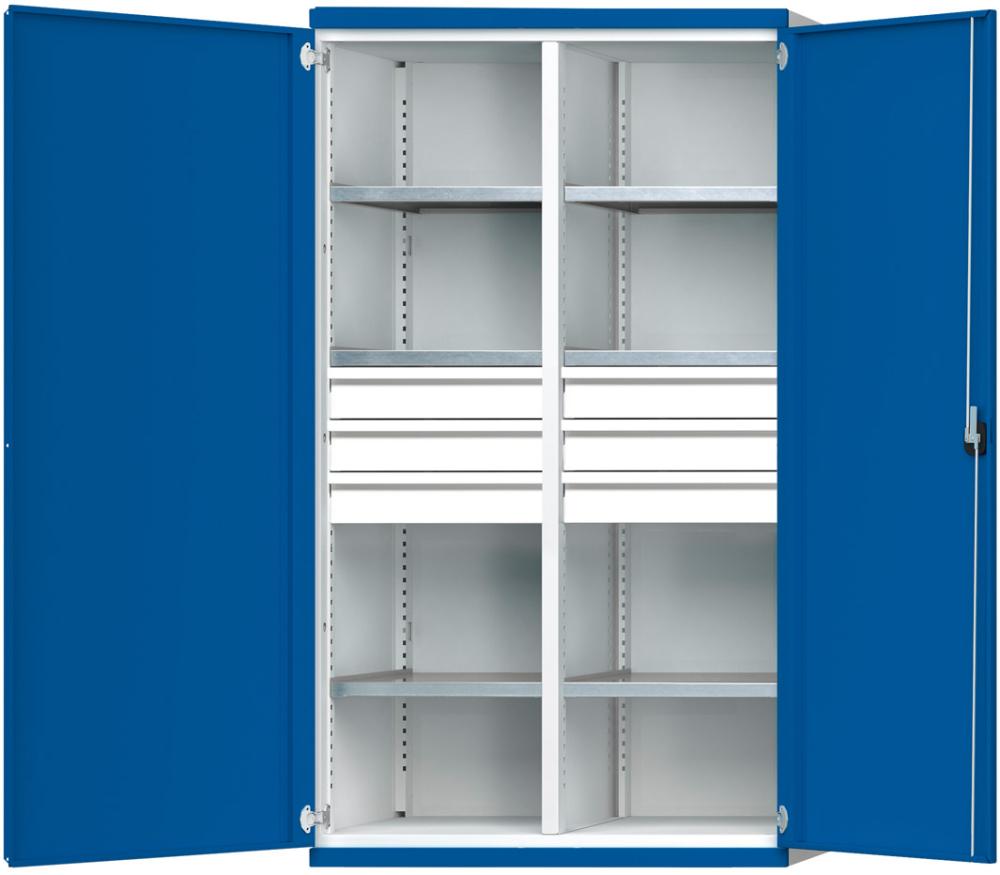 Schwerlastschrank B1085xT690xH1950mm RAL7035/5010 m.Mittelwand6Böden,6Schubladen 200kg