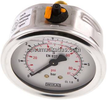 Glycerin-Manometer waagerecht (CrNi/Ms),63mm, 0 - 6bar