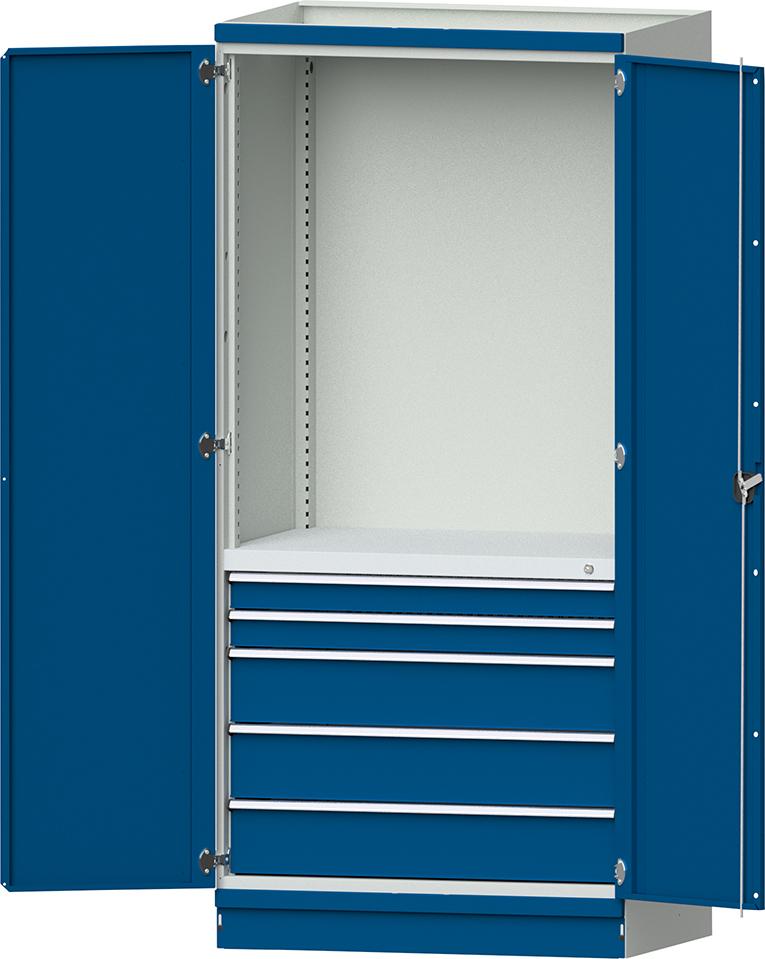 Modulschrank Modell 2410 B1015xT720xH2200mm RAL 7035/5012 mit Türen 5 Schubladen