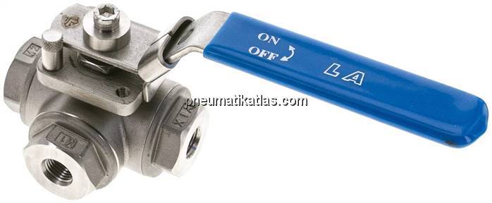 3-Wege Kugelhahn, Edelstahl, L-Bohrung, G 1/4", 0 - 63bar