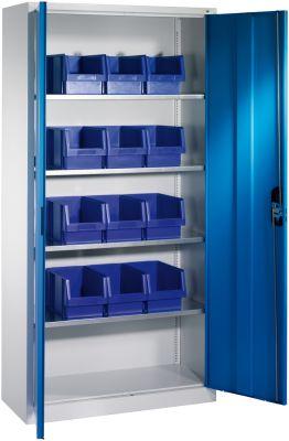 Lager-Regalschrank B1000xT300xH1980 mm RAL 7035/5012 mit Türen 4 Fachböden, 12 Kästen CP