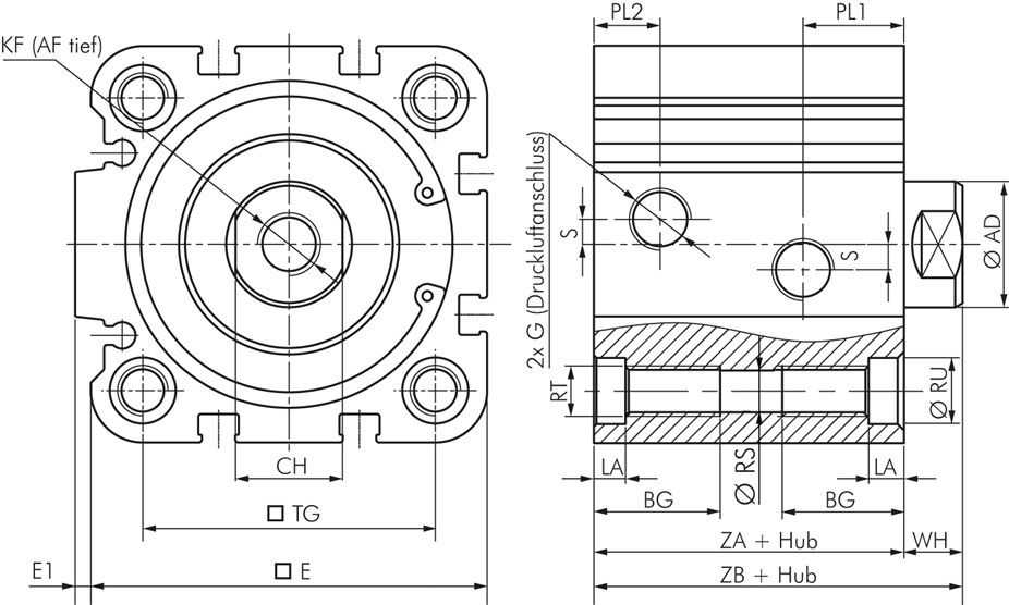 Zeichnung: Kompaktzylinder ISO 21287, Standard (Ø 