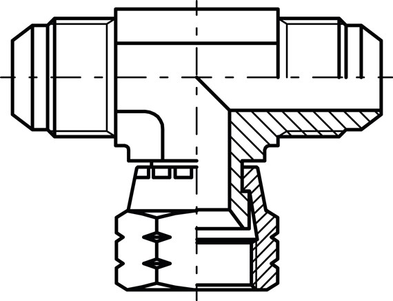 Zeichnung: T-Verschraubung mit JIC-Gewinde (außen/