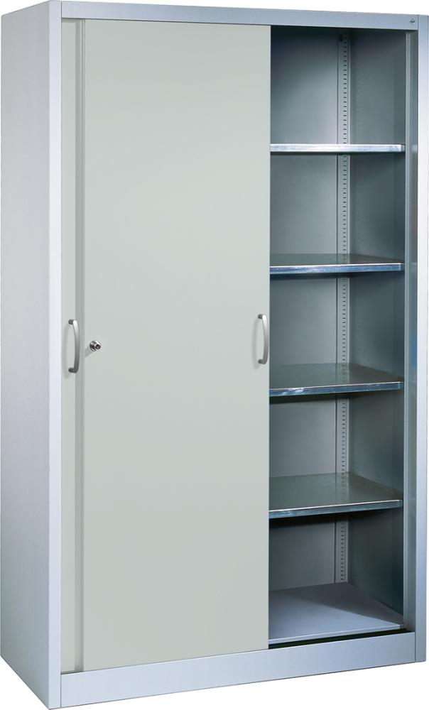 Schiebetürenschrank B1600xT600xH1950 mm RAL 7035, 8 Fachböden mit Mitteltrennwand CP