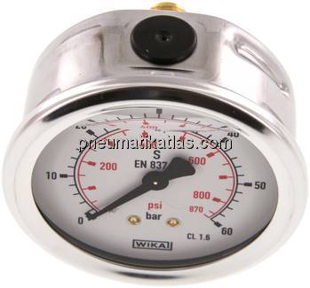 Glycerin-Manometer waagerecht (CrNi/Ms),63mm, 0 - 60bar
