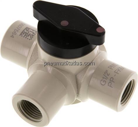 3-Wege Kugelhahn, Polypropylen, G 1/2", PN 10, L-Bohrung (horizontal)