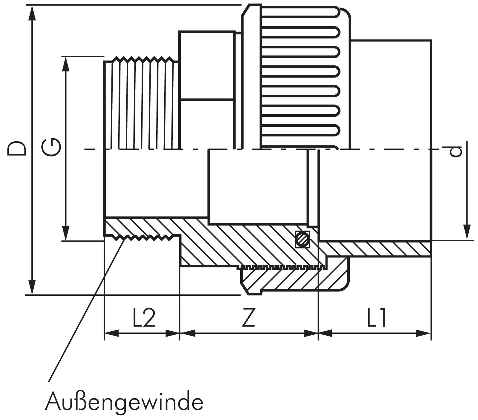 Zeichnung: PVC-Verschraubung mit Klebemuffe & Auße