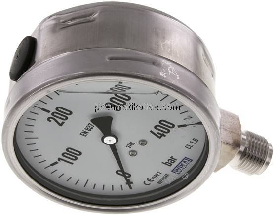 Chemie-Glycerin-Manometer senkrecht,100mm, 0 - 400 bar