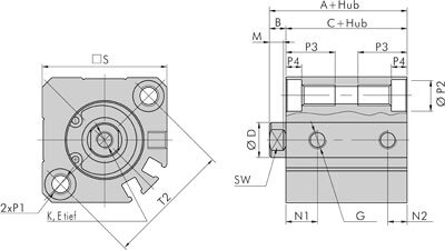 Zeichnung: Kompaktzylinder (Ø 20 - Ø 25)