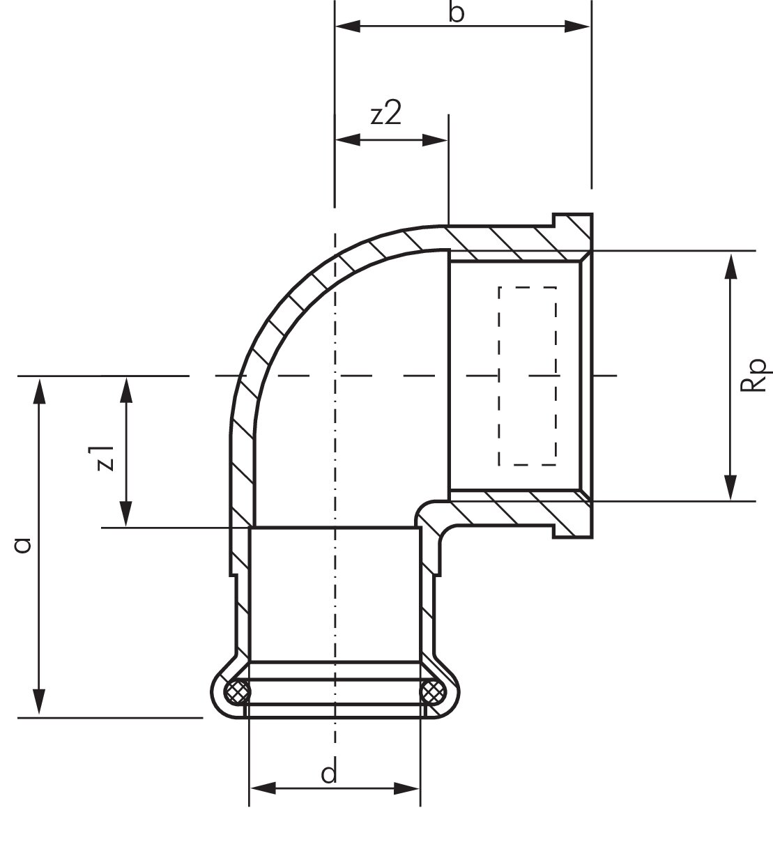 Zeichnung: Winkel 90° mit Innenpressende & Innenge