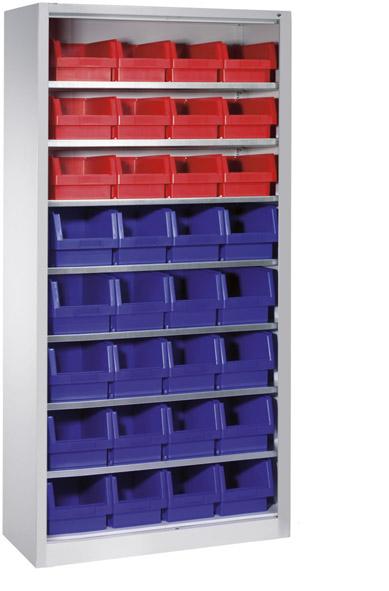 Lager-Regalschrank B1000xT300xH1980 mm RAL 7035 ohne Türen 7 Fachböden, 32 Kästen CP