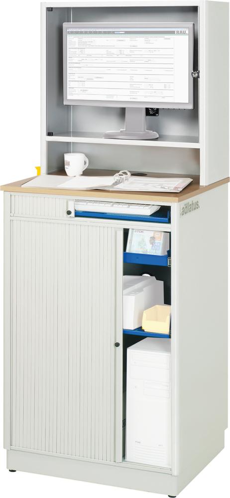 Computer-Tisch B720xT660xH1810 mm RAL 7035/5010 stationär Gehäuse mit Tür